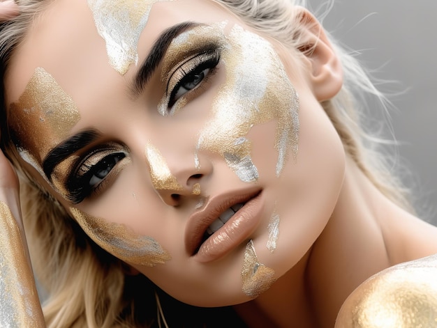 Modèle blonde avec photographie de peinture de visage d'or