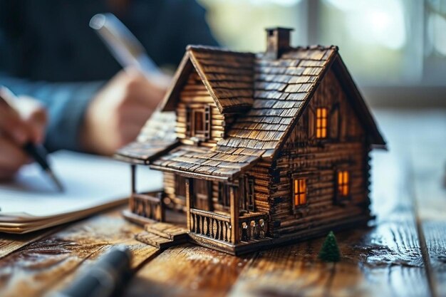 un modèle en bois d'une maison sur une table