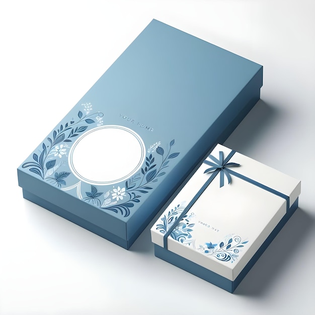 Modèle de boîte à cadeaux bleue et blanche sur un fond large
