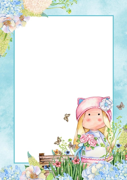 Modèle de bordure aquarelle dessiné main avec fleurs et Tilda Illustration de fleurs aquarelles plantes et cartes de voeux Images pour fond de carte postale invitation affiche et scrapbooking