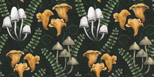 Modèle botanique sans couture Fond de forêt sombre avec des herbes et des feuilles de champignons