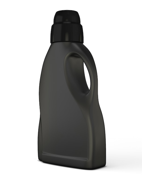 Modèle de bouteille noire pour détergent isolé sur blanc. Modèle de bouteille pour détergent. Illustration 3D.