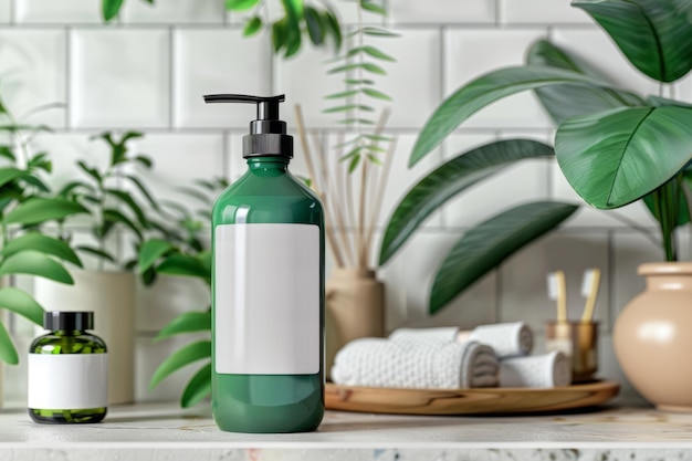 Modèle de bouteille de shampooing vert avec étiquette blanche dans la salle de bain Style minimaliste IA générative