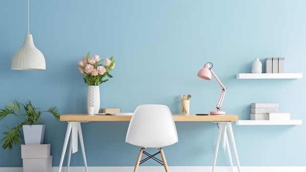 Modèle d'un bureau à domicile avec un mur bleu et une table blanche GENERATE AI