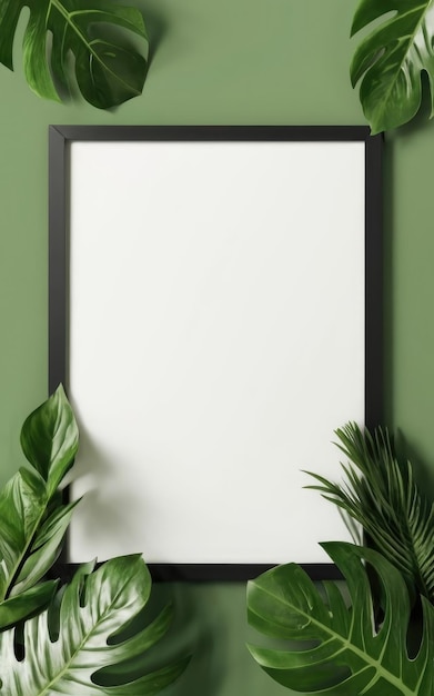 Photo modèle de cadre d'affiche avec mur vert et feuilles tropicales rendu 3d