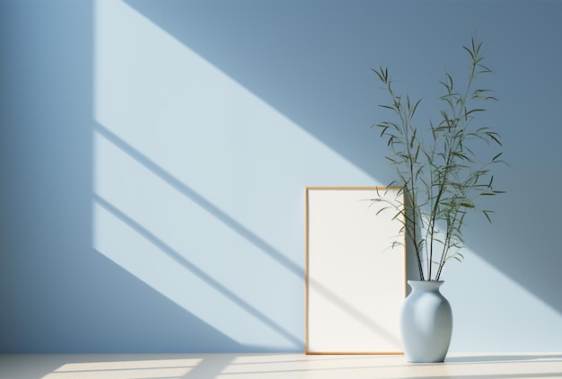 Modèle de cadre d'affiche sur une table en bois et un fond mural gris