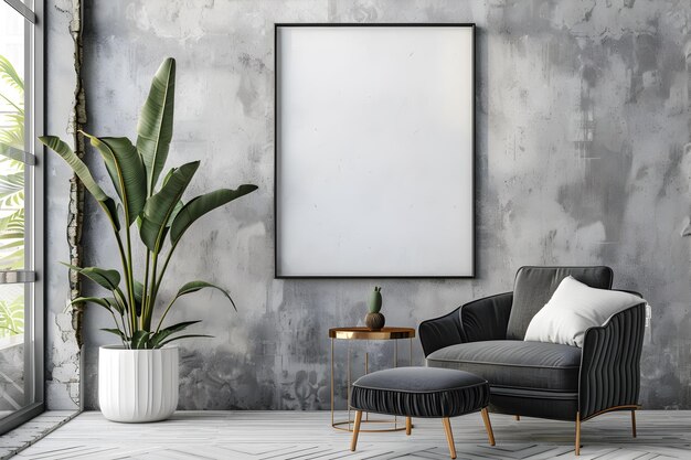 Modèle de cadre d'affiche vide dans un intérieur de salon élégant avec des meubles et des éléments de décoration