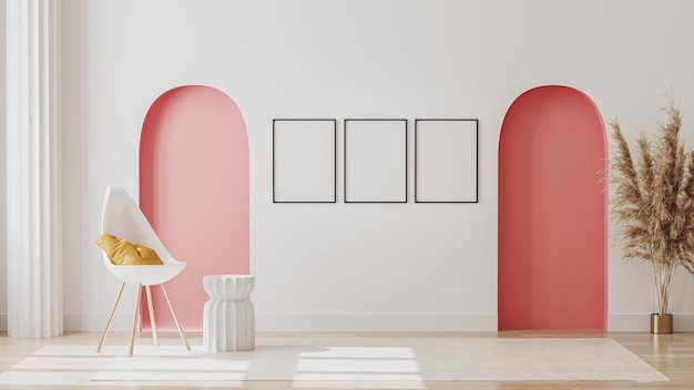 Modèle de cadre d'affiche vide sur le mur dans l'intérieur du salon moderne avec des arches décoratives rose pastel chaise colonne avec oreiller 3D renderingxA