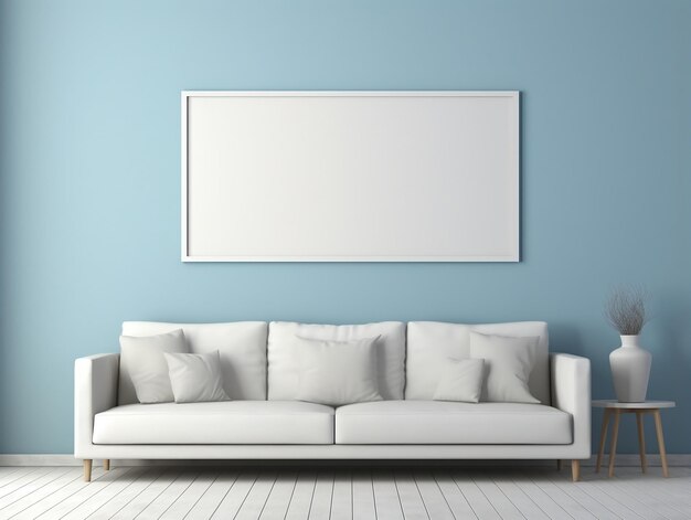 Modèle de cadre blanc sur un mur bleu avec un canapé blanc