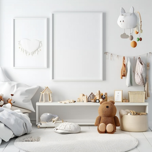 Modèle de cadre en blanc pour une chambre d'enfants avec des jouets