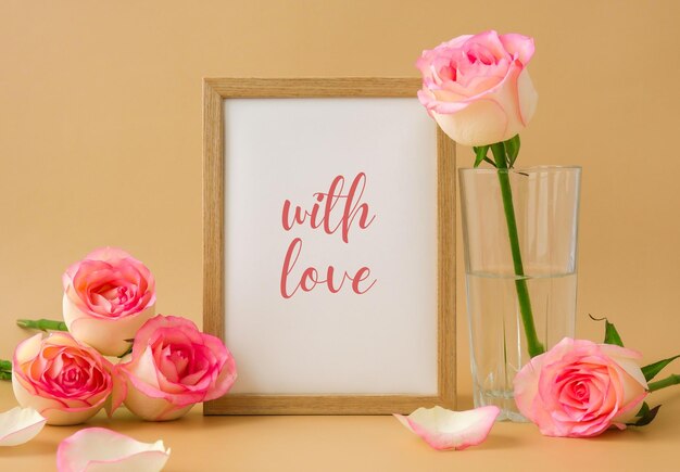 Photo modèle de cadre en bois avec un texte avec de l'amour sur de délicates roses roses sur un fond beige minimal à la mode