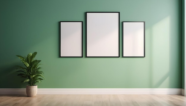 Modèle de cadre de deux affiches dans un arrière-plan intérieur minimaliste avec un mur vert blanc