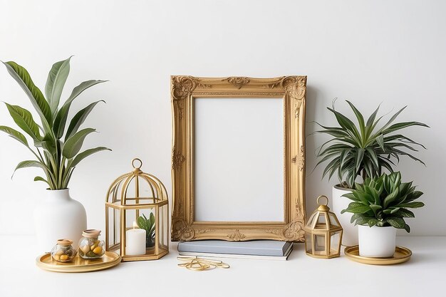 Photo modèle de cadre doré sur fond de table blanc décoration de la maison plat avec des plantes et des objets