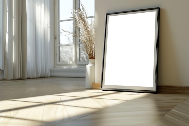 Modèle de cadre image blanche sur plancher en bois contre le mur détail de l'intérieur de la pièce minimaliste moderne avec affiche blanche et fenêtre Concept de conception de la maison scandinave