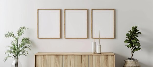 Modèle de cadre d'image vide minimaliste suspendu sur le mur blanc au-dessus d'une armoire en bois dans un