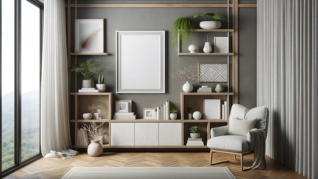 modèle de cadre intérieur de la salle de galerie gris minimaliste avec une unité de tiroir élégante