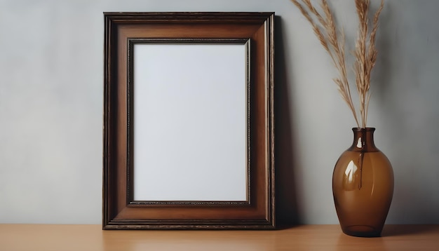 Modèle de cadre photo vide ou vide accroché au mur devant une décoration de maison de table