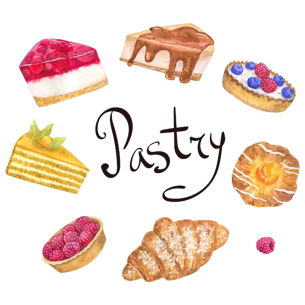 Modèle de cadre rond avec de délicieux desserts pour une pâtisserie. Illustration aquarelle dessinée à la main. Isolé sur un mur blanc.