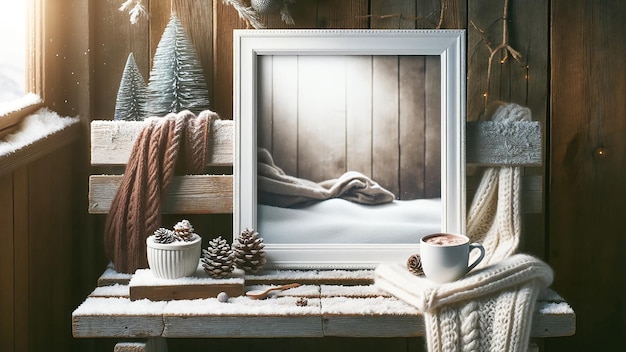 modèle de cadre de scène d'hiver placé sur un bois vintage