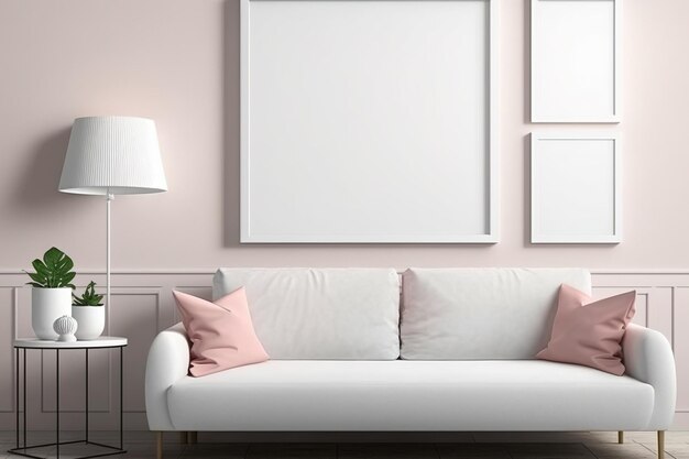 Modèle de cadre vierge sur un canapé et une table sur un mur rose