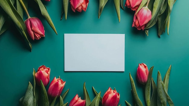 modèle de carte blanche avec des tulipes et des fleurs modèle de carte de vœux de printemps
