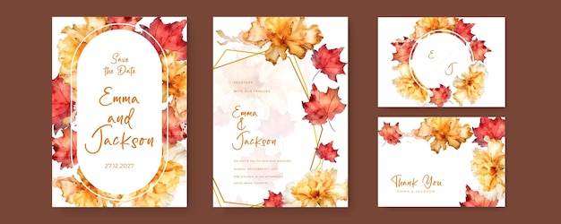 Modèle de carte d'invitation de mariage en aquarelle avec décoration florale et à feuilles roses et violettes