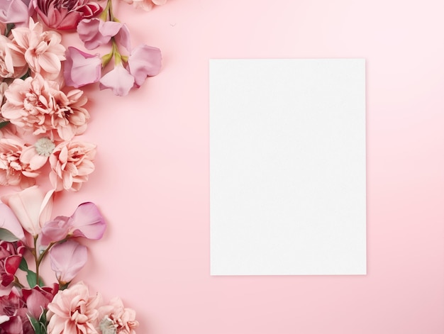 Photo modèle de carte d'invitation de mariage blanche avec des fleurs et des feuilles sur un fond rose vue supérieure