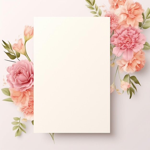 Modèle de carte d'invitation de mariage blanche avec des fleurs roses générée par l'IA