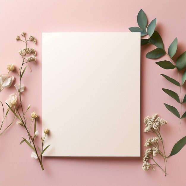 Photo modèle de carte d'invitation de mariage blanche avec des fleurs roses générée par l'ia