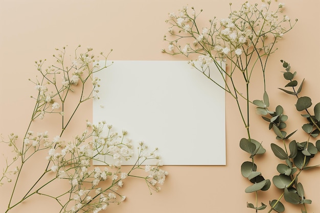 Modèle de carte d'invitation de mariage avec de l'eucalyptus naturel et une brindille de gypsophile blanche