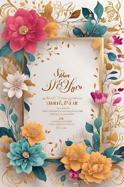 Modèle de carte d'invitation de mariage floral coloré au design intelligent doré au format A4