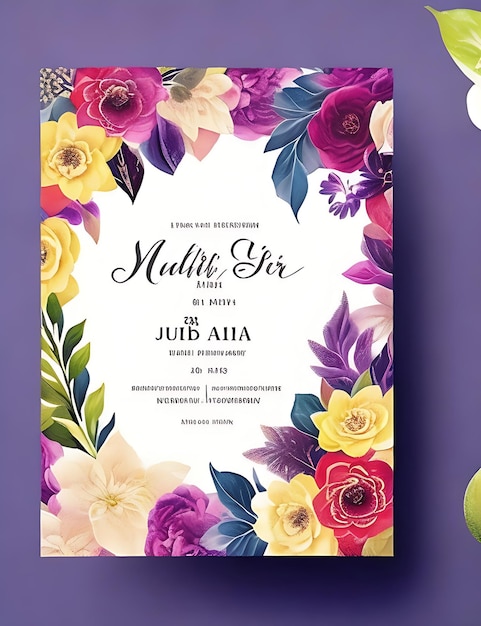 Photo modèle de carte d'invitation de mariage floral coloré, conception intelligente avec format a4 et qualité hd 8k
