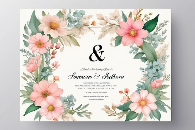 Photo modèle de carte d'invitation de mariage florale conception de fleurs de sakura somei yoshino avec des feuilles avec des lettres ampersand sur blanc