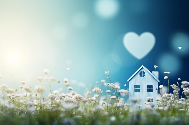 modèle de carte maison mignonne et l'herbe sur fond de cœur de couleur bleu et blanc doux flou