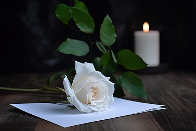 Photo modèle de carte postale ou d'invitation avec une esthétique minimale et une rose blanche sur fond sombre flou