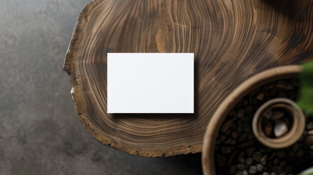 Modèle de carte de visite blanche sur planche en bois fond de table gris minimaliste moderne