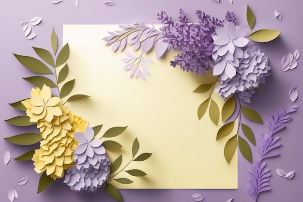 Modèle de carte de vœux en blanc avec un cadre de fleurs coloré dans le style de coupe en papier