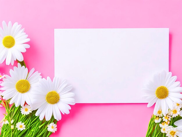 Photo modèle de carte de vœux blanche sur fond rose avec des marguerites de printemps blanches et une décoration 4k