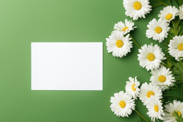 Modèle de carte de vœux blanche sur fond vert avec une fleur blanche