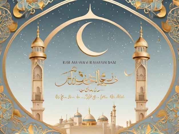 Modèle de carte de vœux islamique brillante du ramadan Kareem avec conception de bannière de mosquée à lune dorée