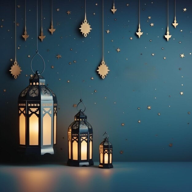 Un modèle de carte de vœux pour l'Aïd al-Fitr décoré d'une lanterne 3D, d'une lune et d'une fleur.