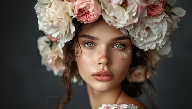 Photo modèle avec un casque à fleurs et un portrait d'éclairage humeurné