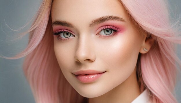 Un modèle caucasien sérieux avec des cheveux roses pastel et un maquillage qui incarne la beauté et la féminité modernes.