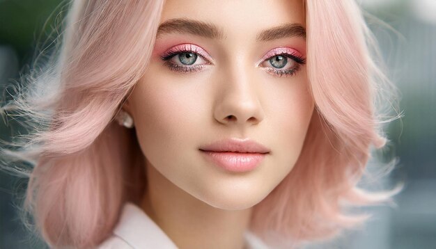 Un modèle caucasien sérieux avec des cheveux roses pastel et un maquillage qui incarne la beauté et la féminité modernes.