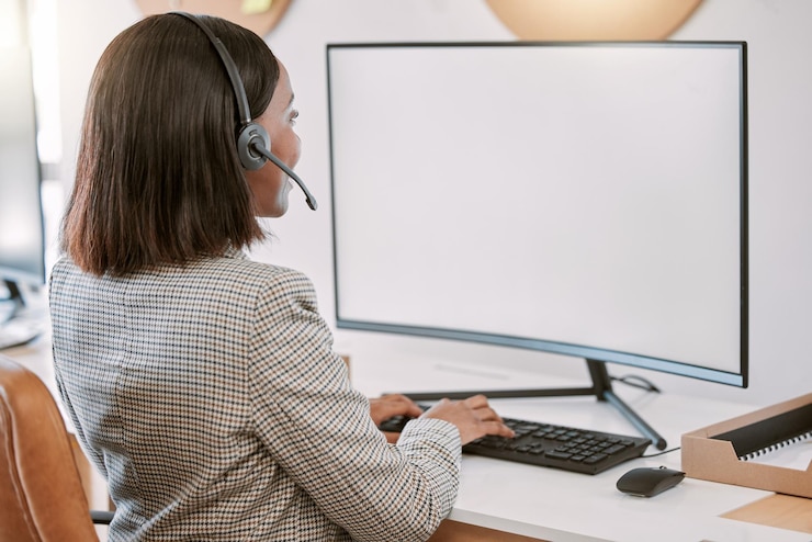 Photo modèle de centre d'appels et femme avec écran d'ordinateur au bureau conseil pour le service à la clientèle contactez-nous ou faq espace de télécommunication et consultant avec écran pc pour l'assurance crm ou le support technique