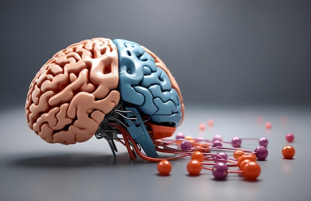 Modèle de cerveau humain 3D fusionnant avec une bannière de papier peint scientifique IA avec texte d'espace de copie