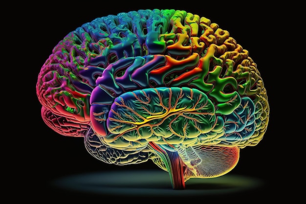 Modèle de cerveau humain coloré isolé sur fond noir Illustration de l'IA générative