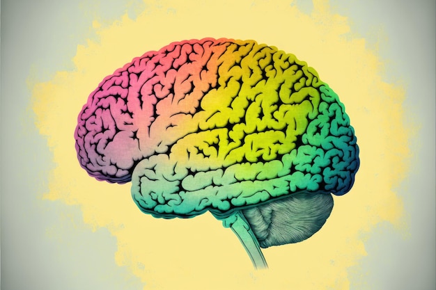 Modèle de cerveau humain sur fond coloré Vue de profil Concept d'intelligence La complexité de l'esprit humain AI générative