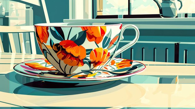 Photo modèle de change de tasse de thé avec les saisons embrassant la beauté cyclique 3d rendent l'éclairage de rembrandt