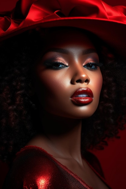 Un modèle avec un chapeau rouge et des lèvres rouges est représenté avec une lèvre rouge.